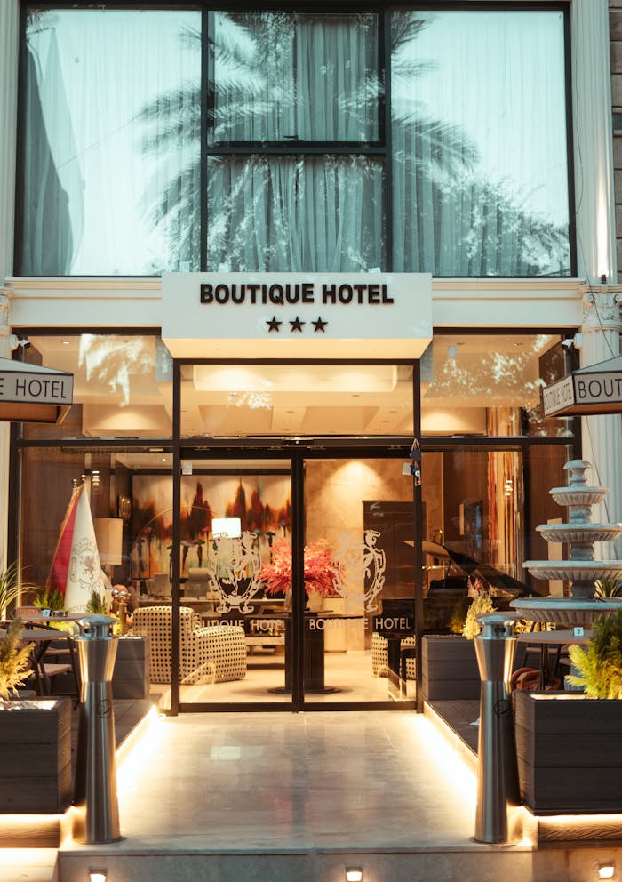 Charming entrance of a boutique hotel in Baghdad, offering a welcoming atmosphere.